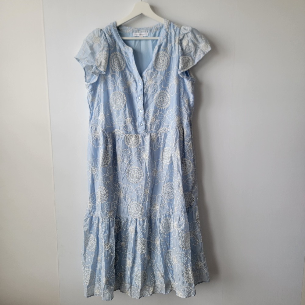 Jane+delancey womens embroidered floral midi dress sz 1X tiered ruffled hem blue